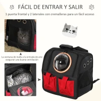 PawHut Transportín Mochila para Gatos Perros Pequeños Plegable con Ojo de Buey Cojín Bolsillos Correa de Seguridad y Ventilaciones Tela Oxford 38x24x38 cm Negro y Rojo(m-6)