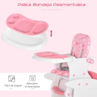 HOMCOM Trona para Bebés 2 en 1 para 6 Meses a 6 Años Transformable en Mesa y Silla Multifuncional Ajustable en 3 Posiciones Respaldo Alto Acolchado con 2 Bandejas Extraíbles 57x59x105 cm Rosa(m-6)