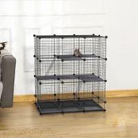 PawHut Jaula para Animales Pequeños Parque Modulable y Desmontable con 4 Puertas 6 Bandejas Extraíbles 111x75x119 cm Negro(m-2)