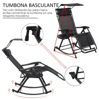 Outsunny Silla Mecedora de Jardín Plegable Tumbona Reclinable con Techo Protección Solar Reposacabezas Extraíble y Reposapiés Estructura de Acero 120x67x102 cm Negro(m-4)
