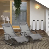 Outsunny 2PCs Outdoor Garden Rocking Chair, Patio Sun Lounger Rocker Chair with Breathable Mesh Fabric, Removable Headrest Pillow, Armrest, Side Storage Bag, Grey(m-2)