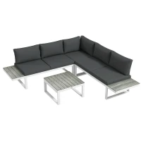 Outsunny 4 Pieces Garden Furniture Set, 5-Level Reclining Garden Corner Sofa Set, Outdoor Lounge Conversation Sectional with Cushions, Wood Effect Plastic Table, White Frame & Grey Cushion(m-11)