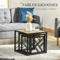 HOMCOM Ensemble de 3 Tables Basses gigognes encastrables Style Industriel métal Noir Aspect Bois Clair(m-5)