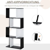 HOMCOM  Bücherregal S-förmiges Standregal Lagerregal 4-stufige Vitrine mit Hardware-Schnalle moderner Raumteiler Spanplatte Schwarz+Weiß 60 x 24 x 148 cm(m-4)