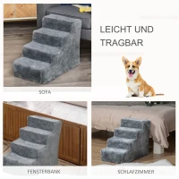 PawHut Hundetreppe 4-stufig, 35 cm Katzentreppe für Bett und Sofa, Haustiertreppe für Hunde und Katzen bis 5 kg, Plüschoptik, Hellgrau(m-7)