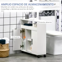 kleankin Armario de Baño con 2 Estantes Abiertos 3 Puertas y Balda Interior Ajustable Mueble Auxiliar de Almacenaje con Ruedas para Salón Cocina Dormitorio 70x20x71 cm Blanco(m-4)
