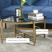 HOMCOM Tavolino da Caffè con Piano in Vetro Temperato e Base in Metallo, Ø85x41cm, Nero e Oro(m-6)