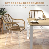 HOMCOM Set de 2 Sillas de Comedor Sillas de Cocina de Ratán PE con Patas de Acero para Salón Estilo Bohemio 56x60x79 cm Marrón(m-4)