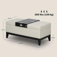 HOMCOM Hocker mit Stauraum, Tablett, Eukalyptusholzrahmen, bis 120 kg, 107 x 50 x 44 cm, Cremeweiß/Schwarz(m-3)