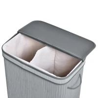 HOMCOM 100L Natural Wood Laundry Basket A Compartment w/Flip Lid Removable Lining Handles Board Base Foldable Durable Water-Resistant Dirty Clothes Storage Home Organisation Grey(m-9)