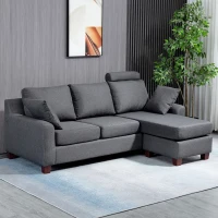 HOMCOM Divano Angolare a 3 Posti con Poggiapiedi e Cuscini, Divanetto a forma L per Salotto e Soggiorno, in Tessuto di Lino, Grigio Scuro, 195 x 81 x 86cm(m-2)