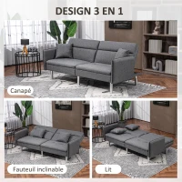 HOMCOM Canapé-lit convertible 3 places dossier inclinable 3 positions avec 2 coussins grand confort 189 x 91 x 84 cm gris(m-4)