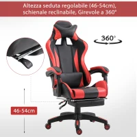 Vinsetto Sedia da Gaming con Poggiapiedi Estendibile, Poltrona Gaming Ergonomica Reclinabile Ecopelle 66×60×127-134cm Rosso(m-5)
