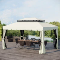 Outsunny Gazebo da Giardino 4x3m con Zanzariera, Tende e Doppio Tetto in Alluminio e Poliestere, Crema(m-2)