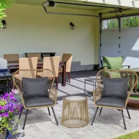 Outsunny 3 Pieces Rattan Bistro Set, Wicker Garden Furniture Set with Cushions, Glass Top Coffee Table and Chairs for Outdoor, Patio, Balcony, Brown(m-2)