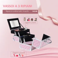 HOMCOM Valigetta Porta Trucchi con Profili in Alluminio, Maniglia e Vassoio Cantilever, 20x15x15cm, Rosa(m-6)