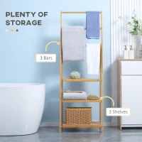 kleankin Freestanding Natural Bamboo Towel Rack with 3 Towel Rails and 3 Storage Shelves, Space-Saving Foldable Towel Holder for Bathroom(m-4)