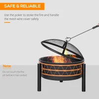 Outsunny 61cm Outdoor Fire Pit, Metal Round Firepit Bowl, Charcoal Log Wood Burner with Screen Cover, Poker for Patio, Black(m-4)
