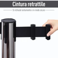 Outsunny Set 2 Colonnine Segnapercorso con Nastro Estendibile di 2 m, Paletti Delimitazione in Acciaio Inox e Nylon, Ø32x90 cm, Nero e Argento(m-5)