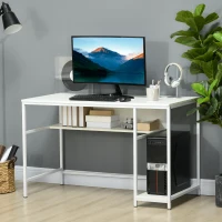HOMCOM Computer Desk with Storage, 120 x 60cm Home Office Desk with 2 Shelves and Steel Frame, Writing Table for Living Room, Study, White(m-2)
