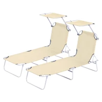 Outsunny 2 Pieces Outdoor Foldable Sun Lounger, 4 Level Adjustable Backrest Reclining Sun Lounger Chair with Angle Adjust Sun Shade Awning for Beach, Garden, Patio, Beige(m-11)
