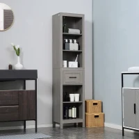 kleankin Columna de Baño Armario Alto con 1 Cajón y Estantes Abiertos Mueble Auxiliar de Almacenaje 42x30x170 cm Gris(m-7)