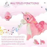 HOMCOM Cheval à Bascule modèle Licorne avec Sons Authentiques Selle Grand Confort Bois de peuplier Rose dim. L74 x l33 x 62H cm(m-5)