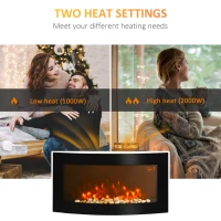 HOMCOM Led Wall Mounted Fireplace Curved Glass Electric Fire Place Fire Place 7 Colour Side Lights Slimline, 1000/2000W, 89.2cm x 48cm(m-4)