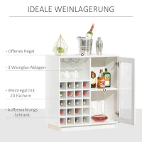 HOMCOM Weinschrank mit Gläserhalterung 20-Flaschen-Weinregal mit 3 Haken Flaschenständer mit Glastür Anti-Kipp-Design Spanplatte Hartholz Weiß 80 x 36 x 85 cm(m-6)