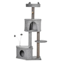 PawHut Árbol Rascador para Gatos 60x40x133 cm Torre de Gatos con Nido Cueva de Fieltro Extraíble Cama de Felpa Suave Postes Rascadores de Sisal Natural y Juguetes Gris(m-10)
