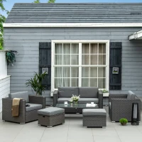 Outsunny 6PC Garden Rattan Sofa Set Bonzer Outdoor Furniture Patio Table Loveseat Stool Lounging Ottoman Aluminium Frame Wicker Weave Conservatory Grey(m-10)