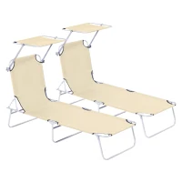 Outsunny 2 Pieces Outdoor Foldable Sun Lounger, 4 Level Adjustable Backrest Reclining Sun Lounger Chair with Angle Adjust Sun Shade Awning for Beach, Garden, Patio, Beige(m-1)