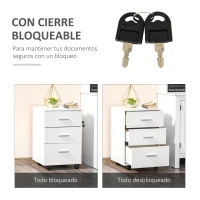 Vinsetto Cajonera Oficina con Cerradura y Ruedas Giratorias 3 Cajones Compacta 40x40x61,5 cm Blanco(m-4)