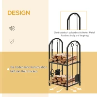 Outsunny kaminholzregal Kaminholzständer Brennholzregal mit 4 zusätzlichen Brennholzwerkzeugen Kaminbesteck 2-Ebenen-Design Feuerholzablage Kaminwerkzeug Metall Schwarz 41,5 x 32,5 x 74,5 cm(m-6)