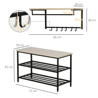 HOMCOM 2-in-1 Garderobenset Flurgaderobe mit Sitzbank Wandgarderobe für Eingangsbereich, 6 Haken, Natur+Schwarz, 75 x 30 x 45 cm(Sitzbank)(m-3)
