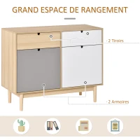 HOMCOM Buffet de Cuisine Commode de Chambre scandinave 2 placards tiroirs coulissants en Bois Multicolore Blanc Gris Clair(m-4)