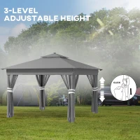 Outsunny 3.36 x 3.36m Pop Up Gazebo Party Tent with Solar-Powered LED Lights, Adjustable Event Shelter with Netting, Grey(m-8)