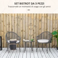 Outsunny Salotto da Giardino in Rattan con 2 Poltroncine con Cuscini e Tavolino da Caffè in Vetro, Grigio(m-4)