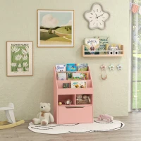 HOMCOM Kids Bookshelf, Toy Organiser, with Storage Drawer, Wheels - Pink(m-10)