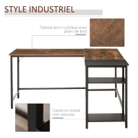 HOMCOM Bureau Informatique Design Industriel Bureau d'angle 2 tablettes Support CPU imprimante Aspect Vieux Bois métal Noir(m-5)