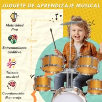AIYAPLAY Batería para Niños de +3 Años con Taburete Tambores Bombo Platillo Pedal y Baquetas 65x36x76 cm Dorado(m-5)