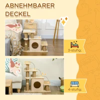 PawHut Haustiertreppe, Kratzbaum, 4 Stufen, Spielball, Häuschen, höhenverstellbar, 60 x 40 x 66 cm, Beige(m-4)