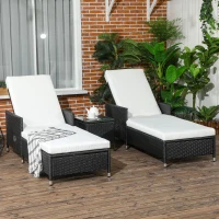 Outsunny 3-Pieces PE Rattan Sun Lounger, Patio Chaise Lounge Chair Set with Adjustable Backrest, Soft Cushions, Glass Top Coffee Table, Cream White(m-2)
