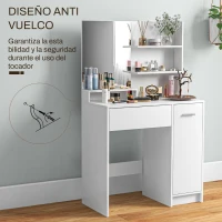 HOMCOM Tocador de Maquillaje con Taburete Espejo Cajón Estante Ajustable y Estantes Abiertos Anti-vuelco Blanco y Beige(m-8)