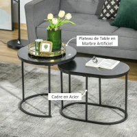 HOMCOM Lot de 2 tables basses tables d'appoint gigognes en acier et plateau MDF aspect marbre - table ronde et ovale - noir(m-5)