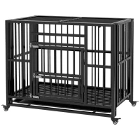 PawHut 37" Heavy Duty Dog Crate, Foldable Dog Cage, with Openable Top, Locks, Removable Tray, Wheels - Black(m-11)