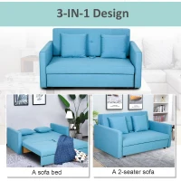 HOMCOM 2 Seater Sofa Bed with Hidden Storage, Pull Out Convertible Bed Settee, Modern Linen Loveseat Sofa Sleeper with 2 Cushions for Living Room, Guest Room, Blue(m-5)
