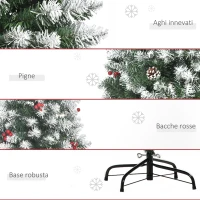 HOMCOM Albero di Natale Innevato Artificiale 180cm con Bacche Rosse e Pigne Bianche, Base Rimovibile Pieghevole, 618 Rami(m-7)