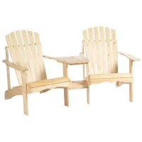 Outsunny Wooden Outdoor Double Adirondack Chairs Loveseat w/ Centre Table and Umbrella Hole, Garden Patio Furniture for Lounging and Relaxing, Natural(m-1)