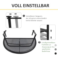 Outsunny Balkonhängetisch Hängetisch Gartentisch höhenverstellbar halbrund Ø30 cm Terrasse Metall Weiß L60 x B45 x H50 cm(m-4)